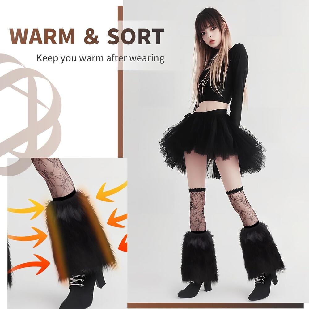 Black Women's Faux Fur Leg Warmers 9.5” Long - Picture 4 of 6